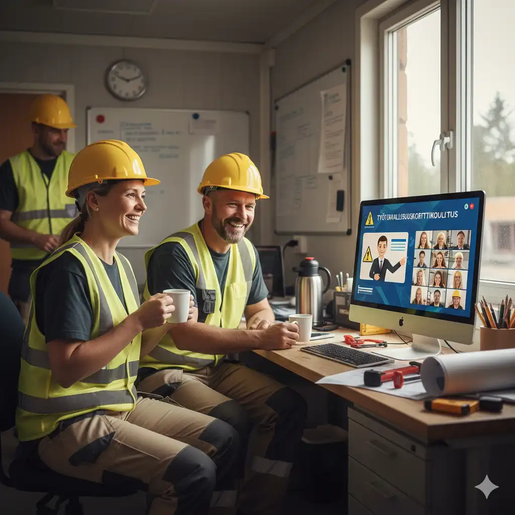 Näkymä työturvallisuuskortin virtuaalisesta koulutushuoneesta, jota käytetään älypuhelimella ja kannettavalla tietokoneella ilman erillistä sovellusta.