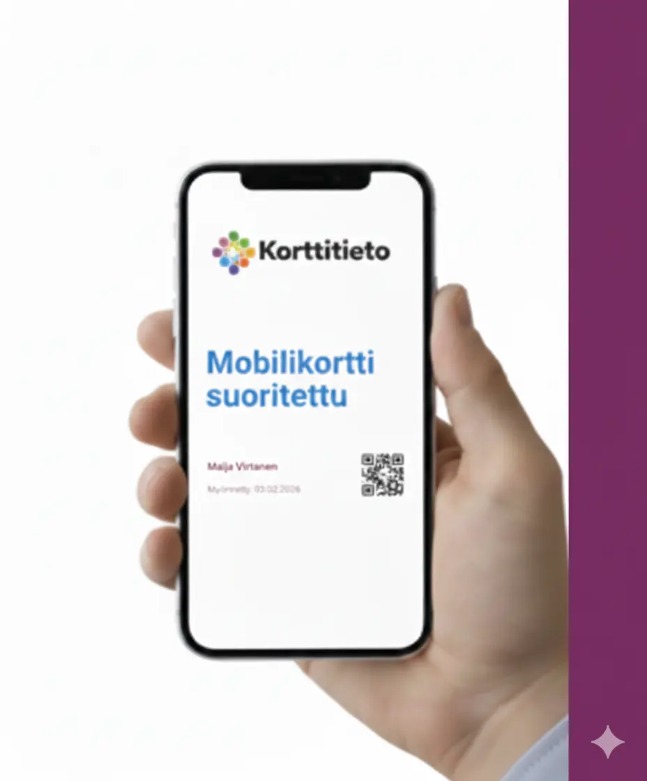 Virallinen digitaalinen työturvallisuuskortti älypuhelimen näytöllä – korttitieto.fi mobiilikortti heti käyttöön koulutuksen jälkeen.